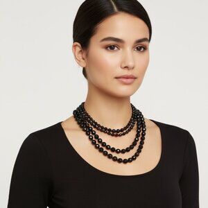 Vintage Black Glass Bead Necklace Layered Multi-Strand Gothic Bohemian Victorian